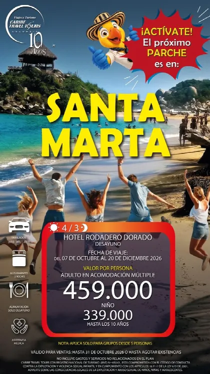 Afiche del plan SANTA MARTA - HOTEL RODADERO DORADO (HABITACIÓN DE 4 O 5 PERSONAS)